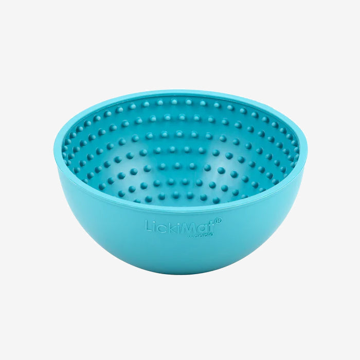 Light blue LickiMat bowl with a textured interior, designed for pets to enjoy licking treats, promoting mental stimulation and slowing down eating.