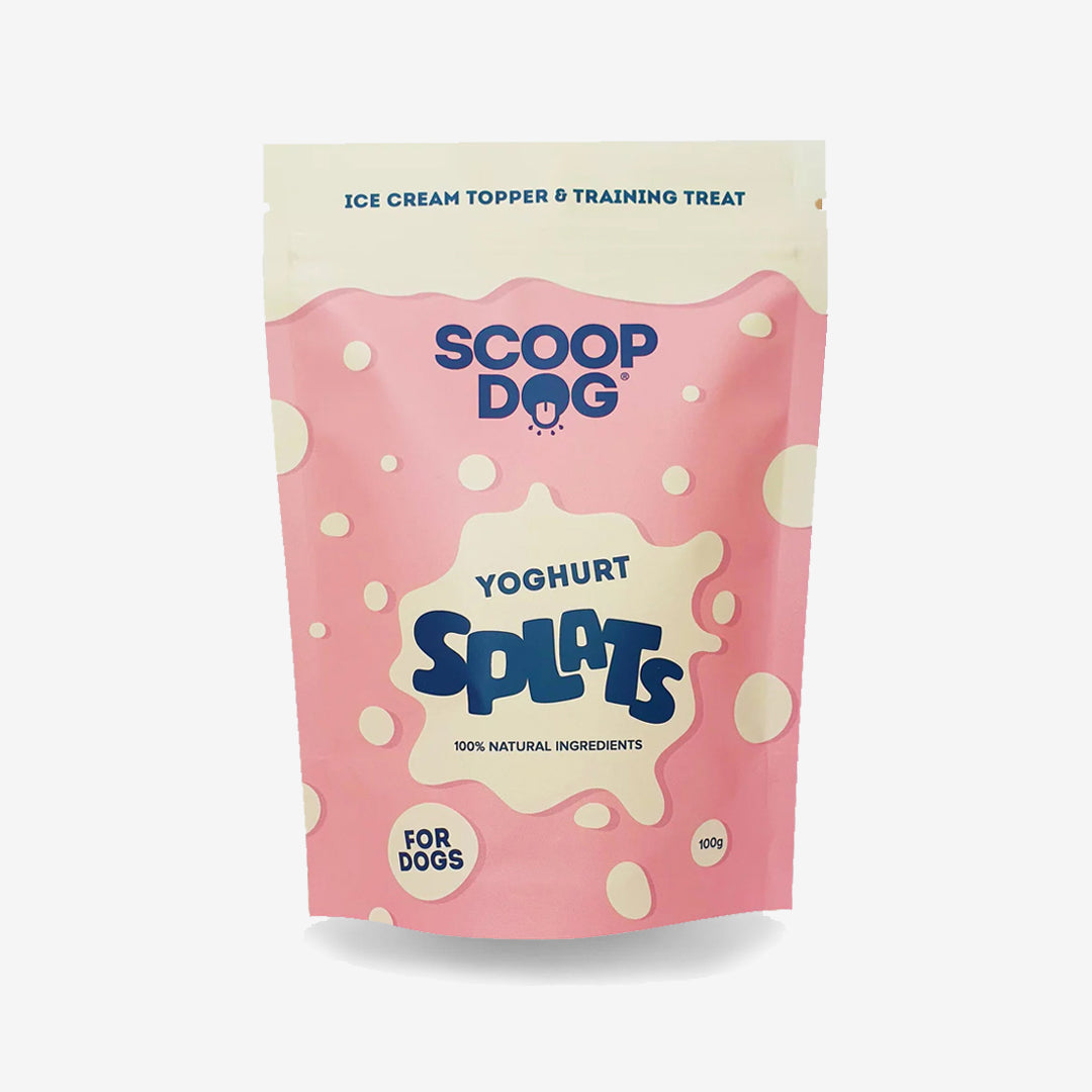 Pink package of 'Scoop Dog' brand yoghurt treats for dogs with spots design.