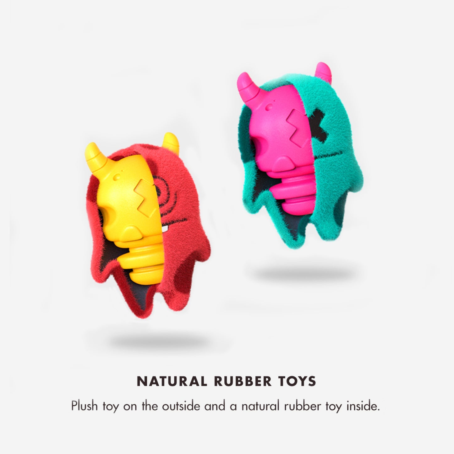 Two colorful rubber toys partially encased in plush covers resembling fun monster armour.