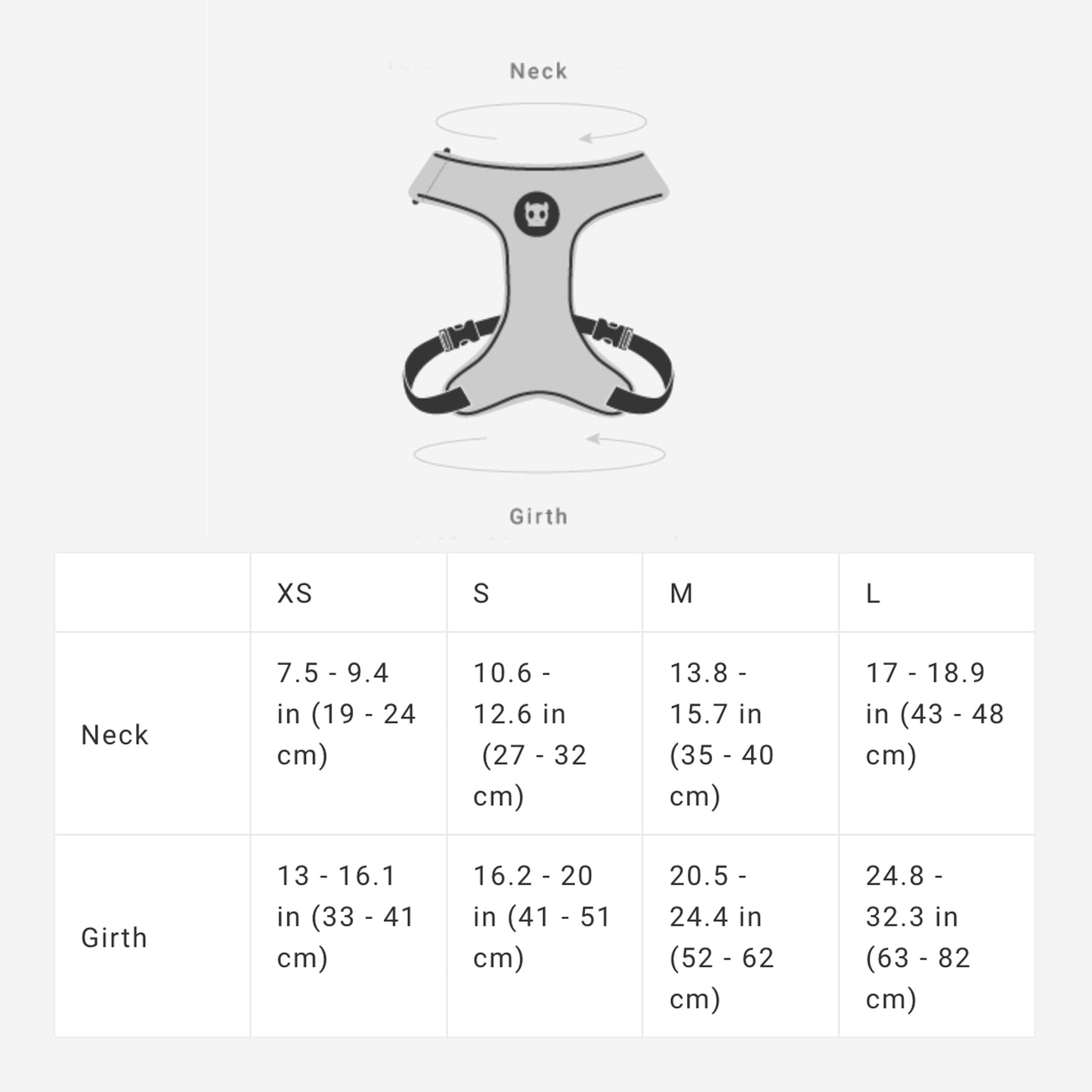An illustration of a dog harness with size chart for XS, S, M, L detailing neck and girth measurements.