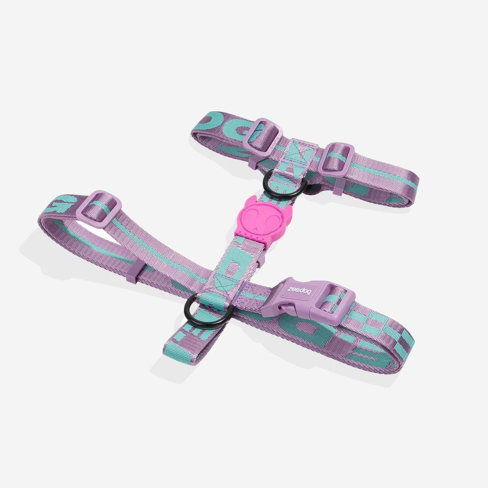 A purple and teal patterned dog harness with a pink buckle on a white background.