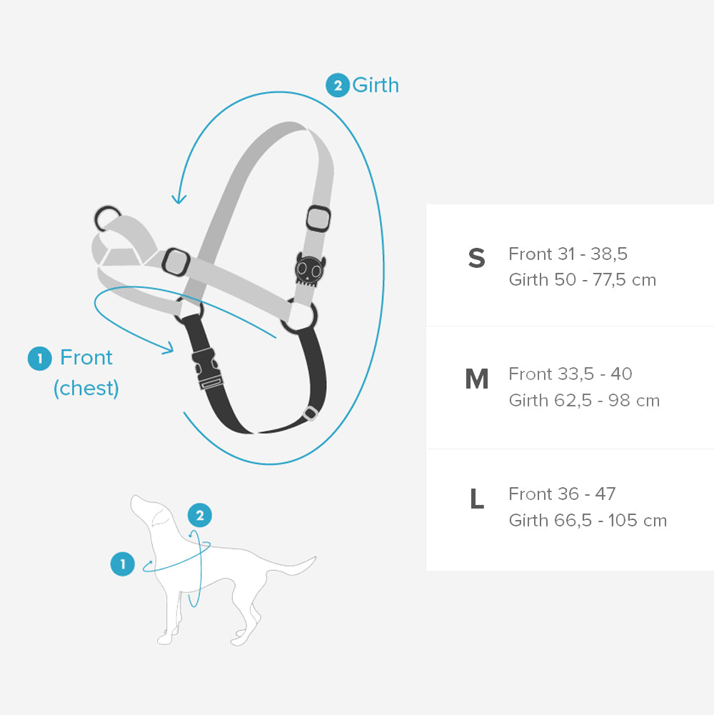 Illustration of a dog harness with size guide and labeled parts for chest and girth.