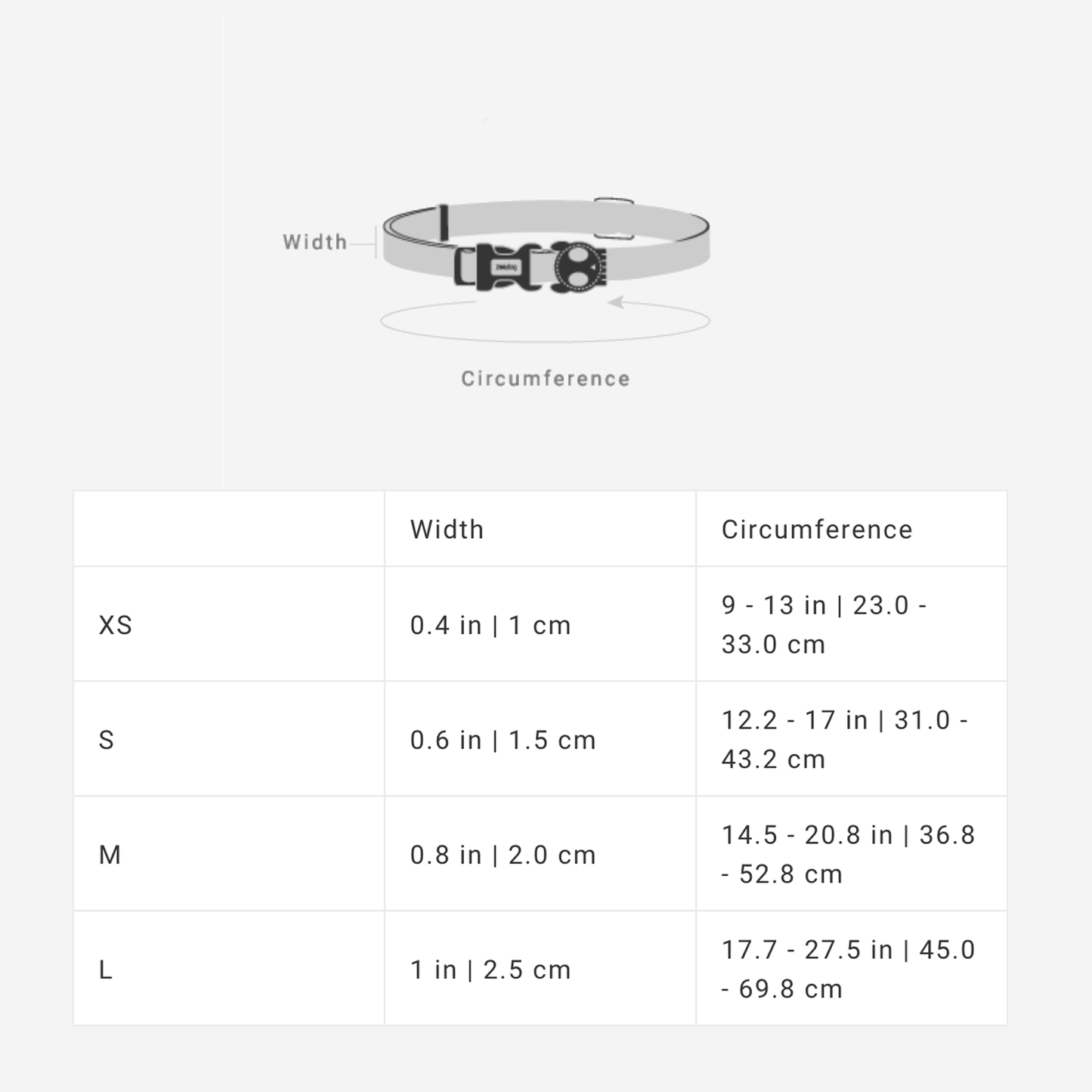 Diagram and size chart showing different sizes of a pet collar with width and circumference measurements.