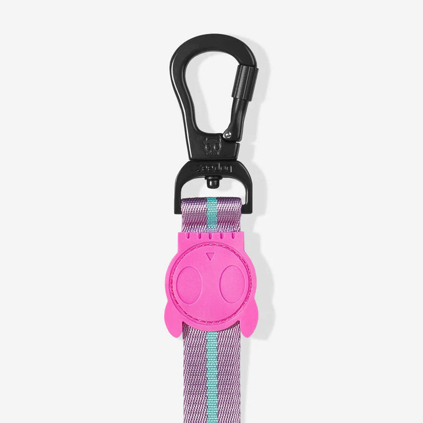 A colourful dog leash featuring a black carabiner and a pink, round brand emblem attached to a purple strap with teal accents.
