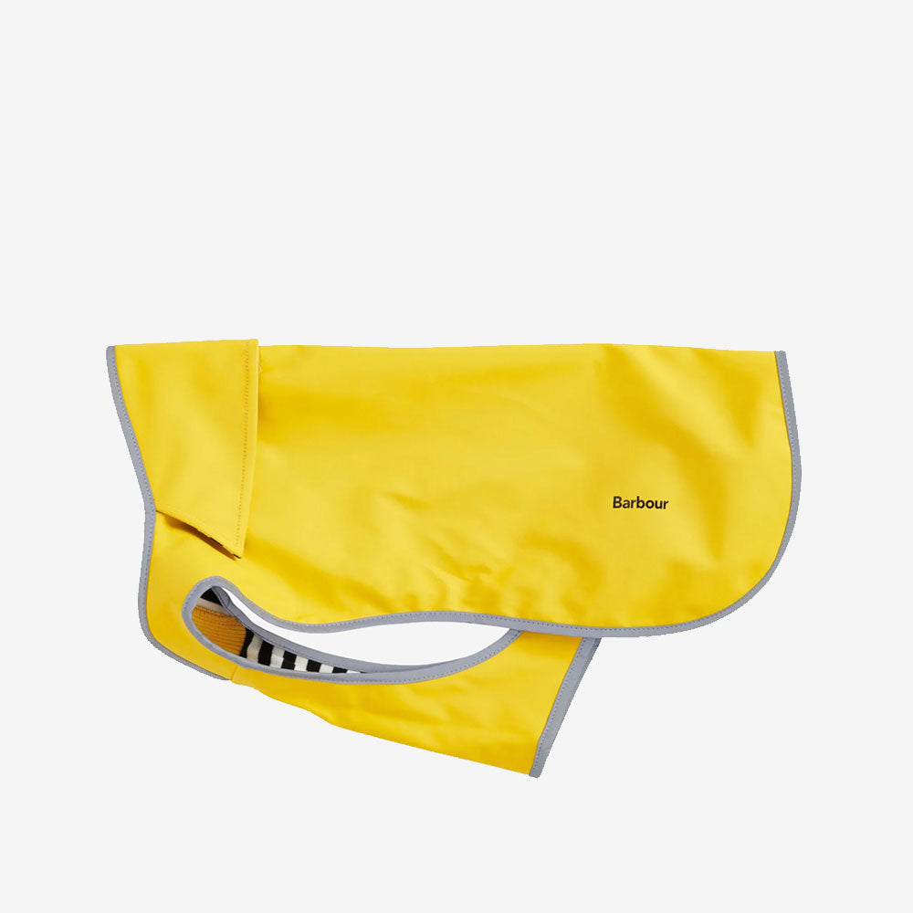 Bright yellow dog raincoat with grey trim and striped lining, featuring the Barbour logo. Perfect for wet weather adventures.