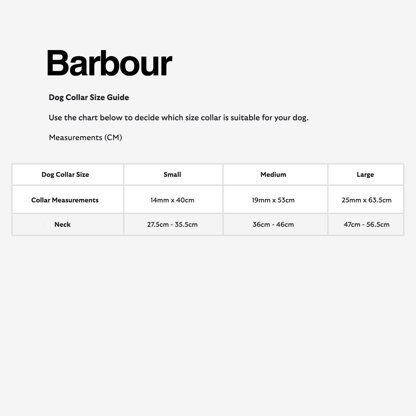 Barbour dog collar size guide displaying measurements for small, medium, and large collars and corresponding neck sizes in centimeters.