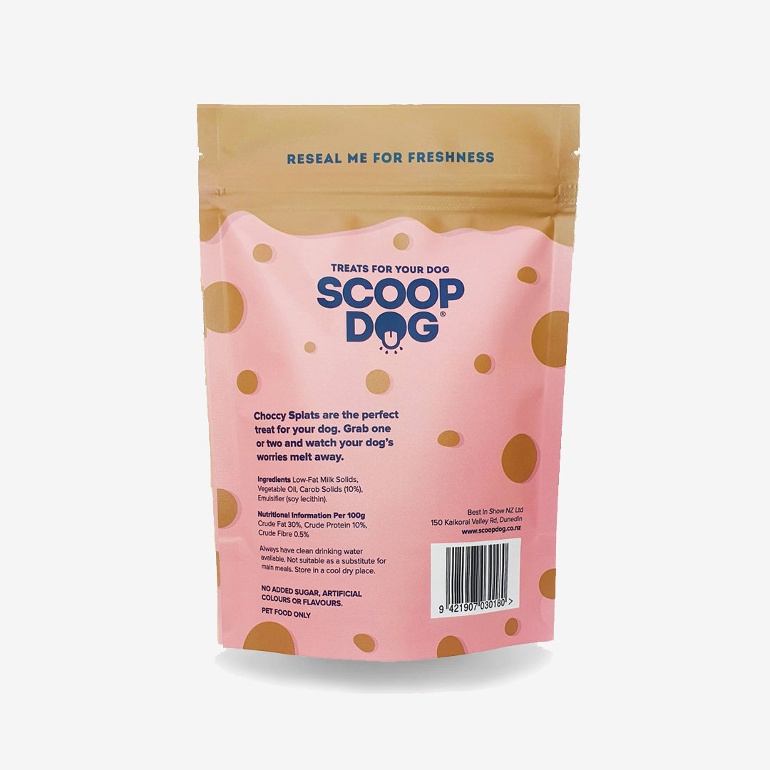 A pink dog treat package for "SCOOP DOG" with golden dots and text detailing product name and ingredients.