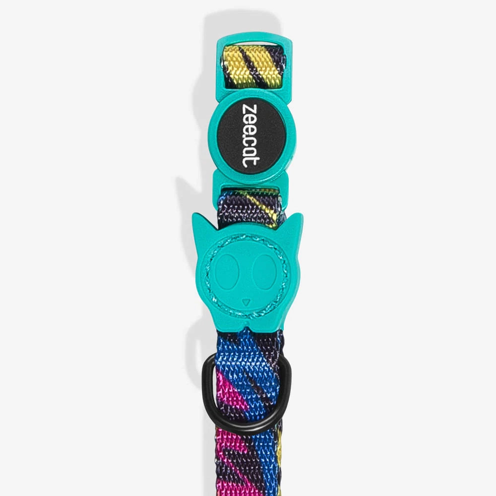 Colorful cat collar with a turquoise accent and playful cat-shaped buckle, featuring vibrant stripes of blue, pink, and yellow.
