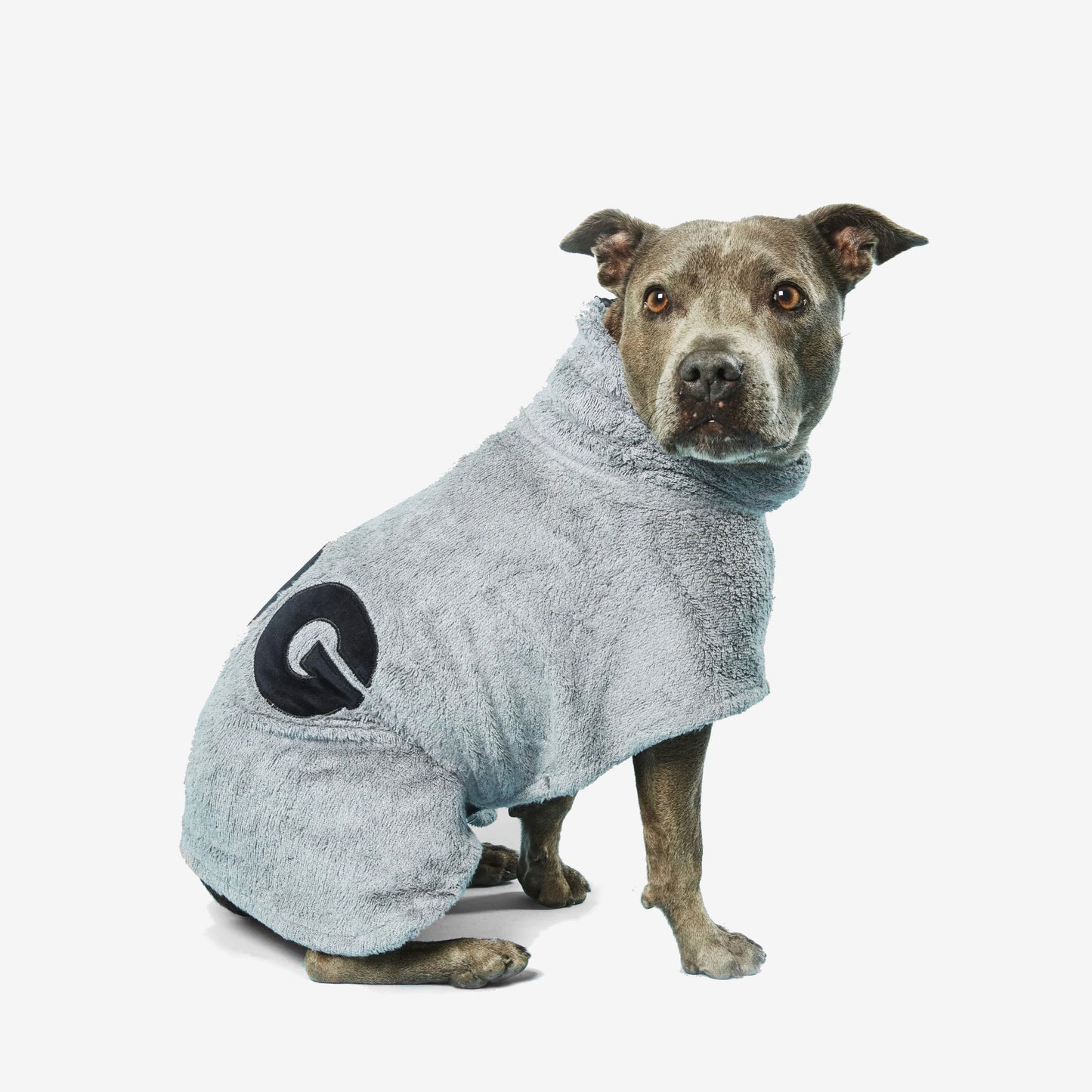 A dog wearing a cozy grey bathrobe with a towel texture, with 'dog' text on the back. Sitting against a white background.