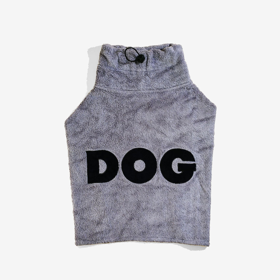 Grey dog robe with 'DOG' text on and a black adjustable neck toggle on a white background.
