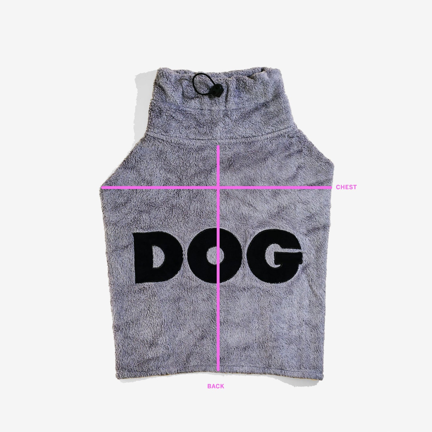 Grey dog vest with "DOG" text, measurement lines for chest and back.