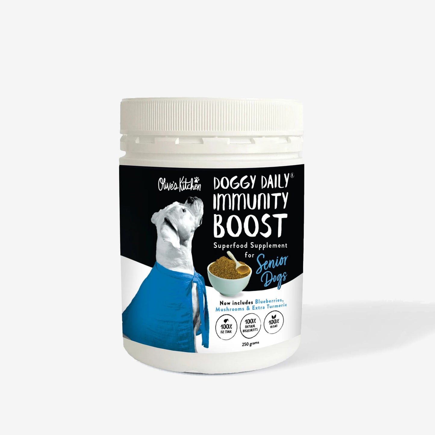 A container of 'DOGGY DAILY IMMUNITY BOOST' supplement for senior dogs, with image of a dog on label.
