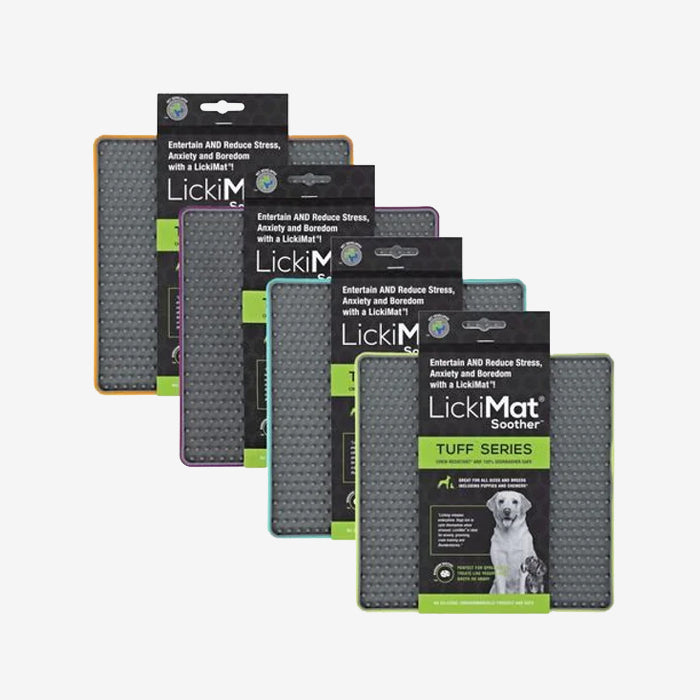 Five LickiMat pet products displayed in a row, designed to entertain and reduce stress for dogs and cats.