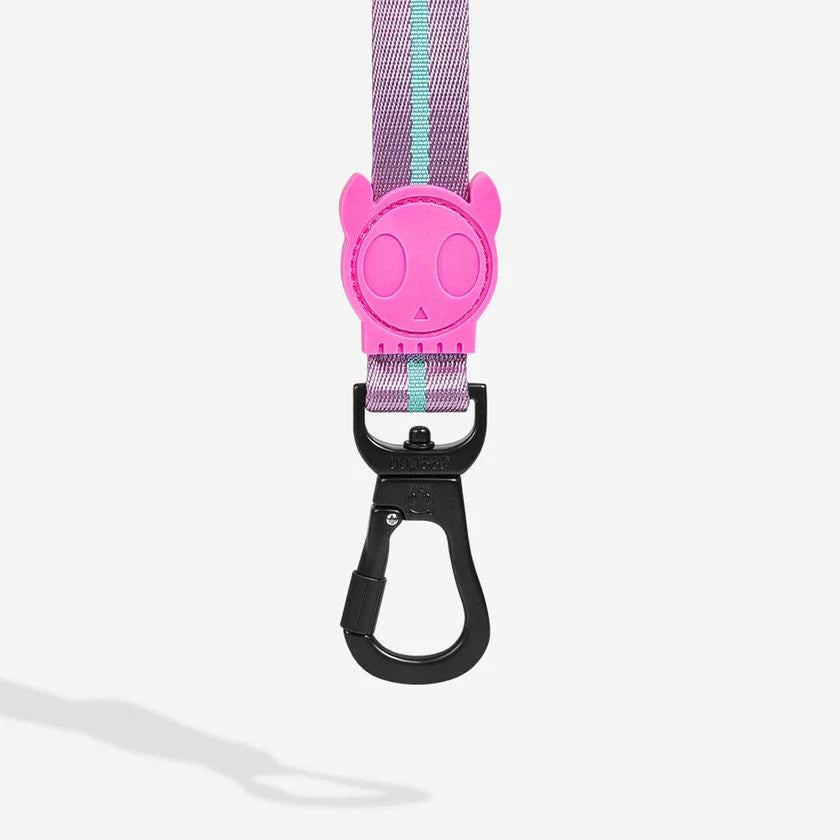 A colorful dog leash featuring a pink skull-shaped brand logo, with a gradient strap and black clip for secure use.