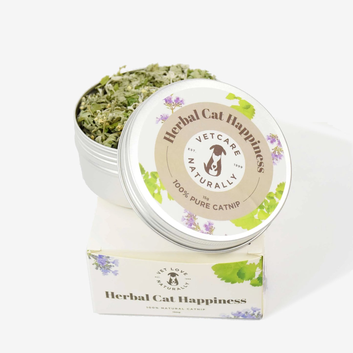 Open tin of catnip labeled "Herbal Cat Happiness" beside its box on a white background.