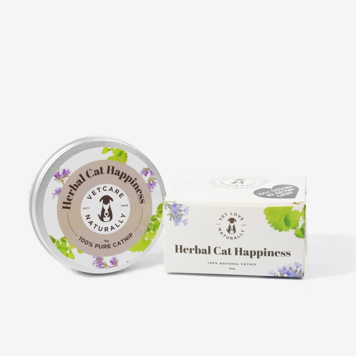 Catnip product with tin and box labeled "Herbal Cat Happiness" on a white background.