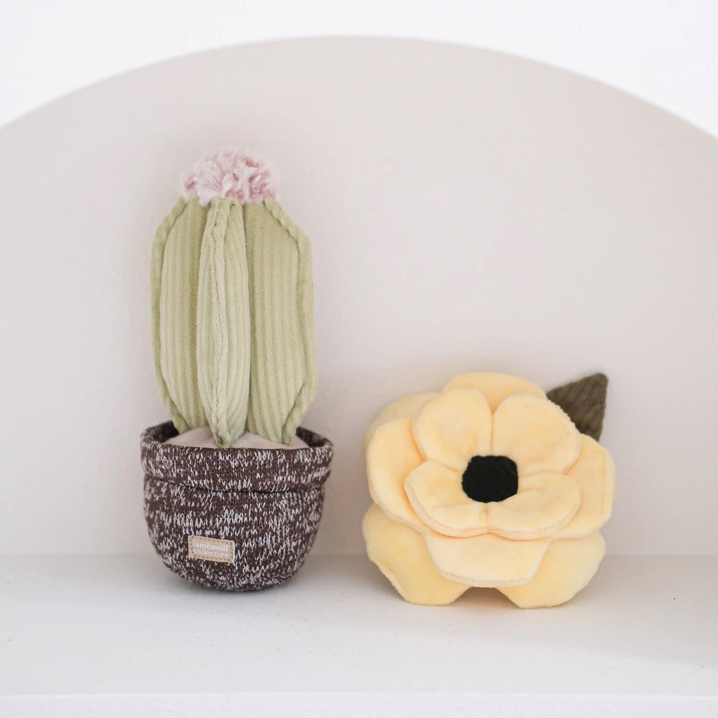 A green plush cactus in a brown pot beside a soft yellow flower with a black center, displayed on a white shelf.