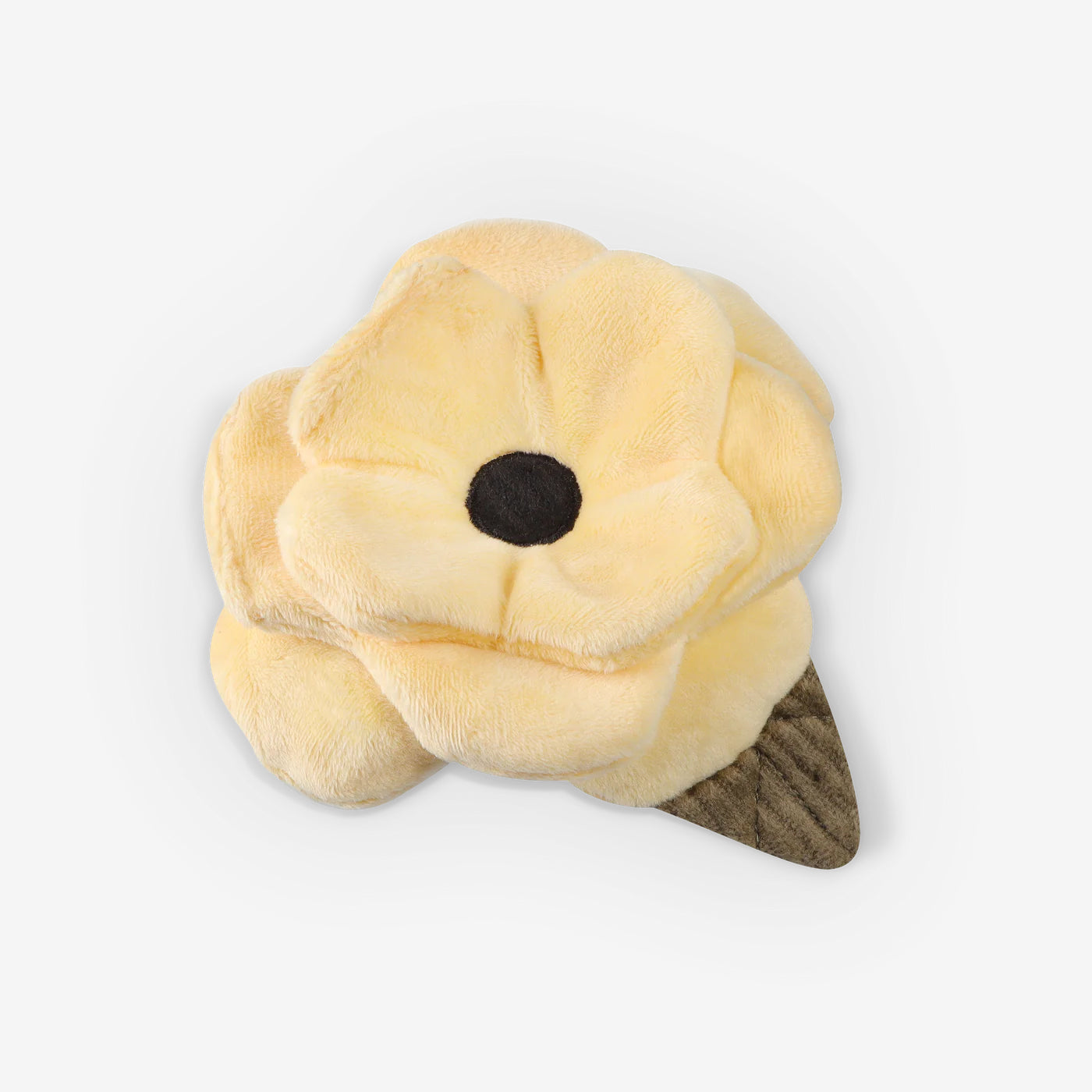 A soft, plush yellow flower with a black centre and brown-green leaves, resembling a cozy decorative plush toy accessory for dogs.