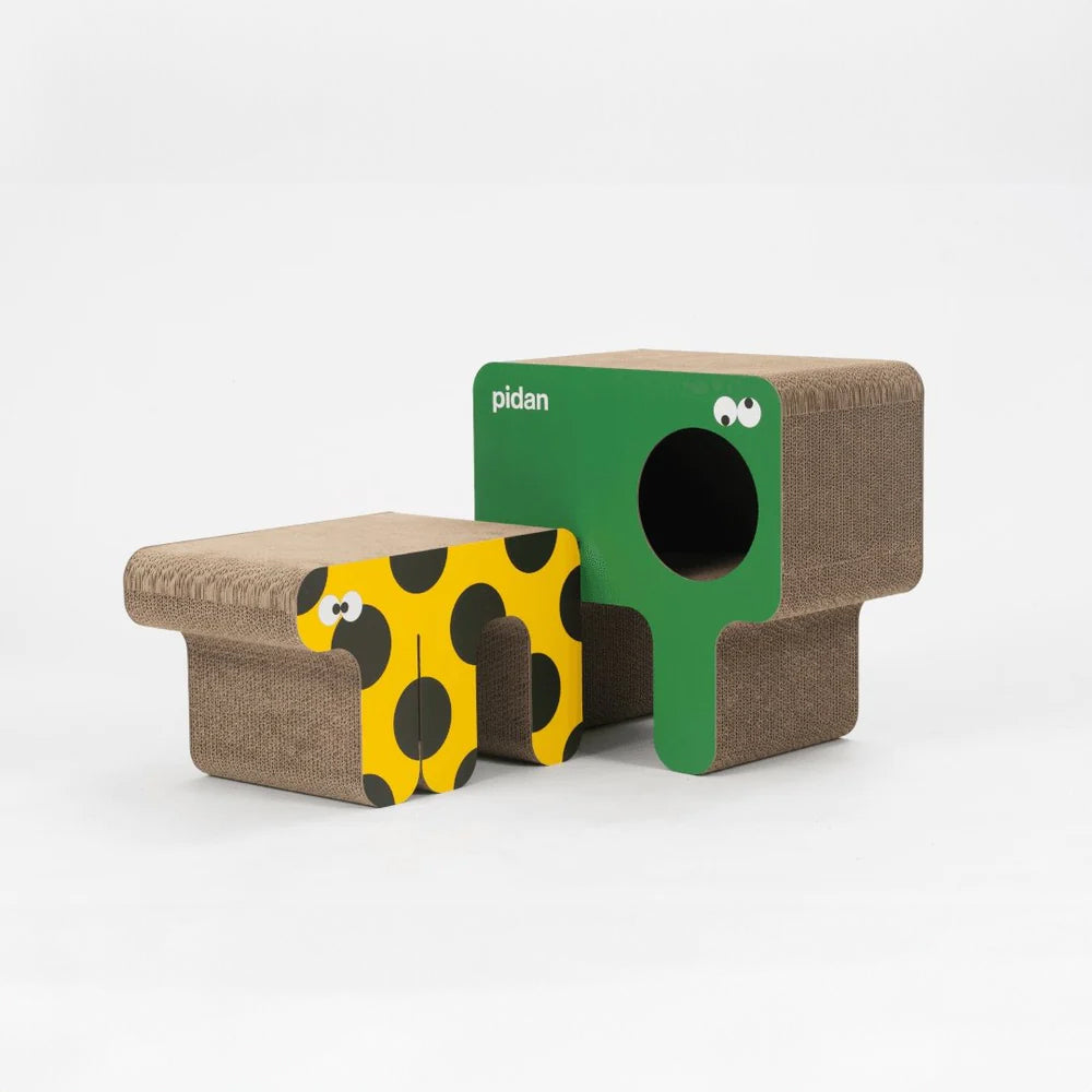 A modern cat cat scratcher set with a playful frog design on a white background.
