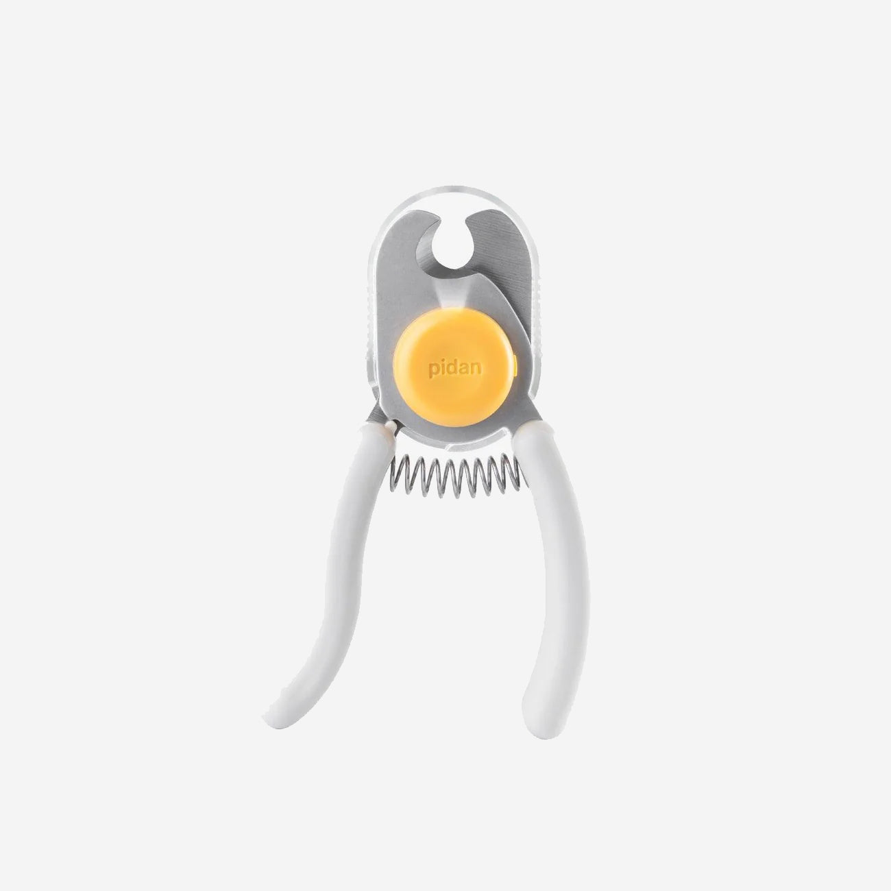 A modern silver and yellow pet clippers with ergonomic white handles.