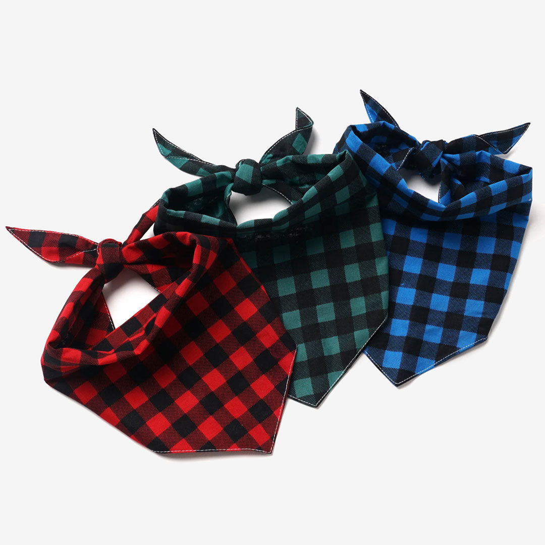 3 plaid checkered dog bandanas in red and black, green and black, blue and black.