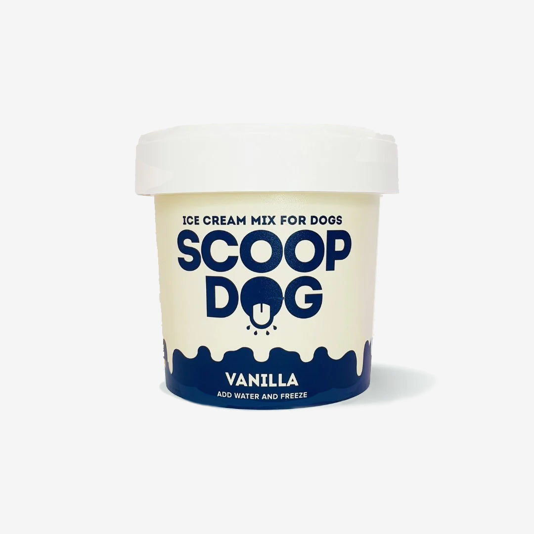 Container of 'Scoop Dog' vanilla ice cream mix for dogs, isolated on white background.