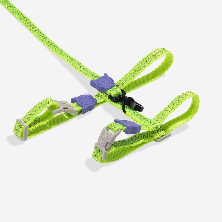 Bright green pet harness with adjustable straps and grey and buckles and purple cat rubber motifs on a white background.