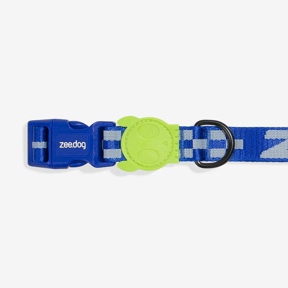 Blue dog collar with neon rubber skull motif and black buckle and "Zee" text, on white background.
