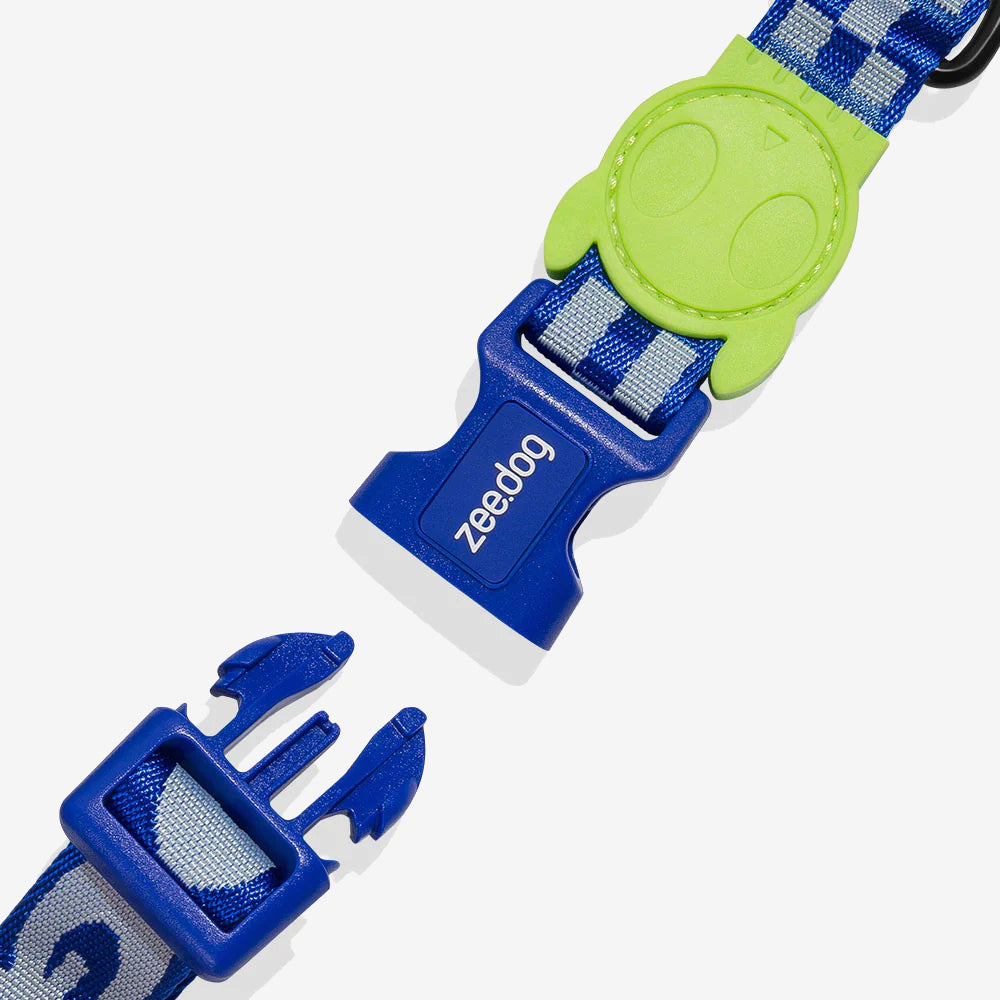 Blue and green dog collar buckle with "Zeedog" branding on white background.