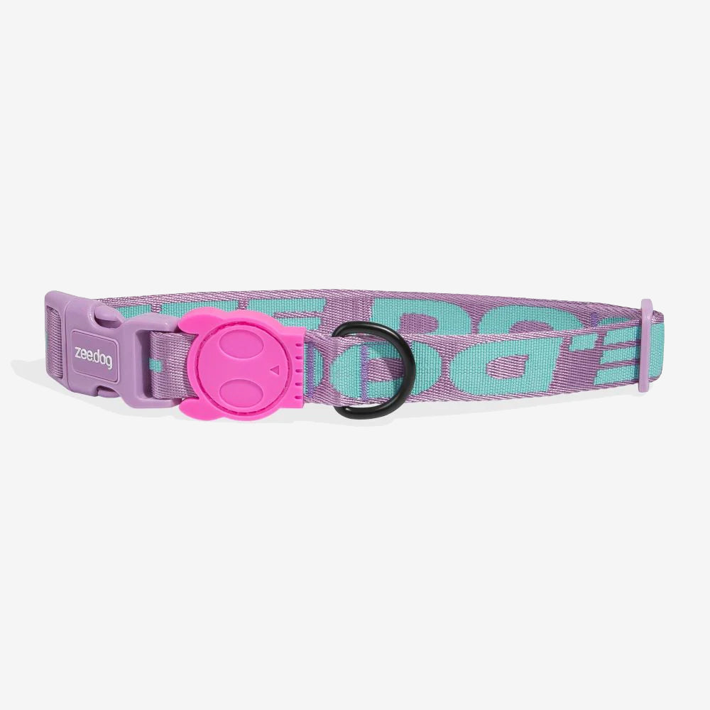 A stylish purple dog collar featuring a pink buckle and a playful design with "zee dog" and a cute skull emblem.