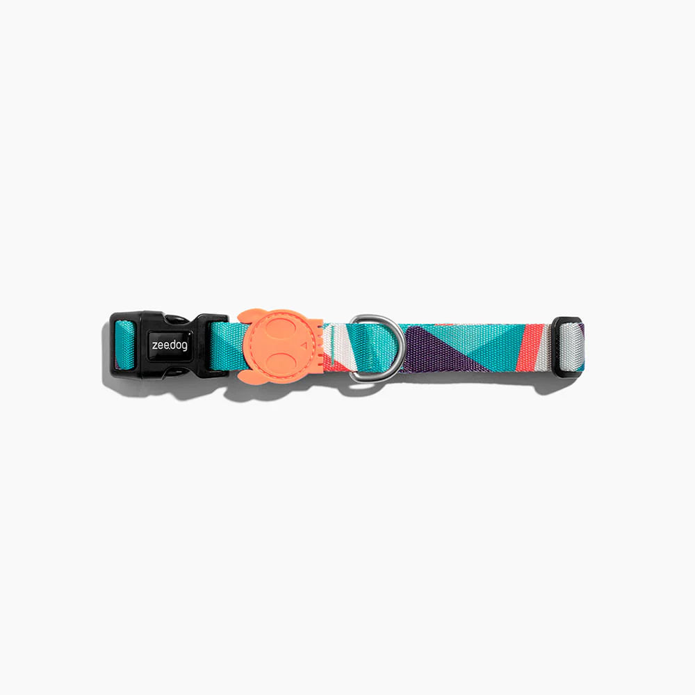 Colourful dog collar featuring geometric patterns, a sturdy buckle, and a cheerful rubber tag from Zee Dog.