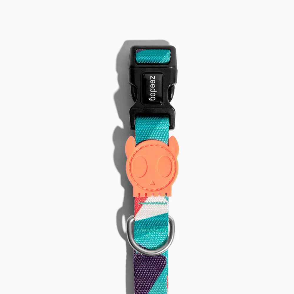 A colourful dog collar featuring a skull design on a vibrant patterned strap with a black buckle and silver D-ring.
