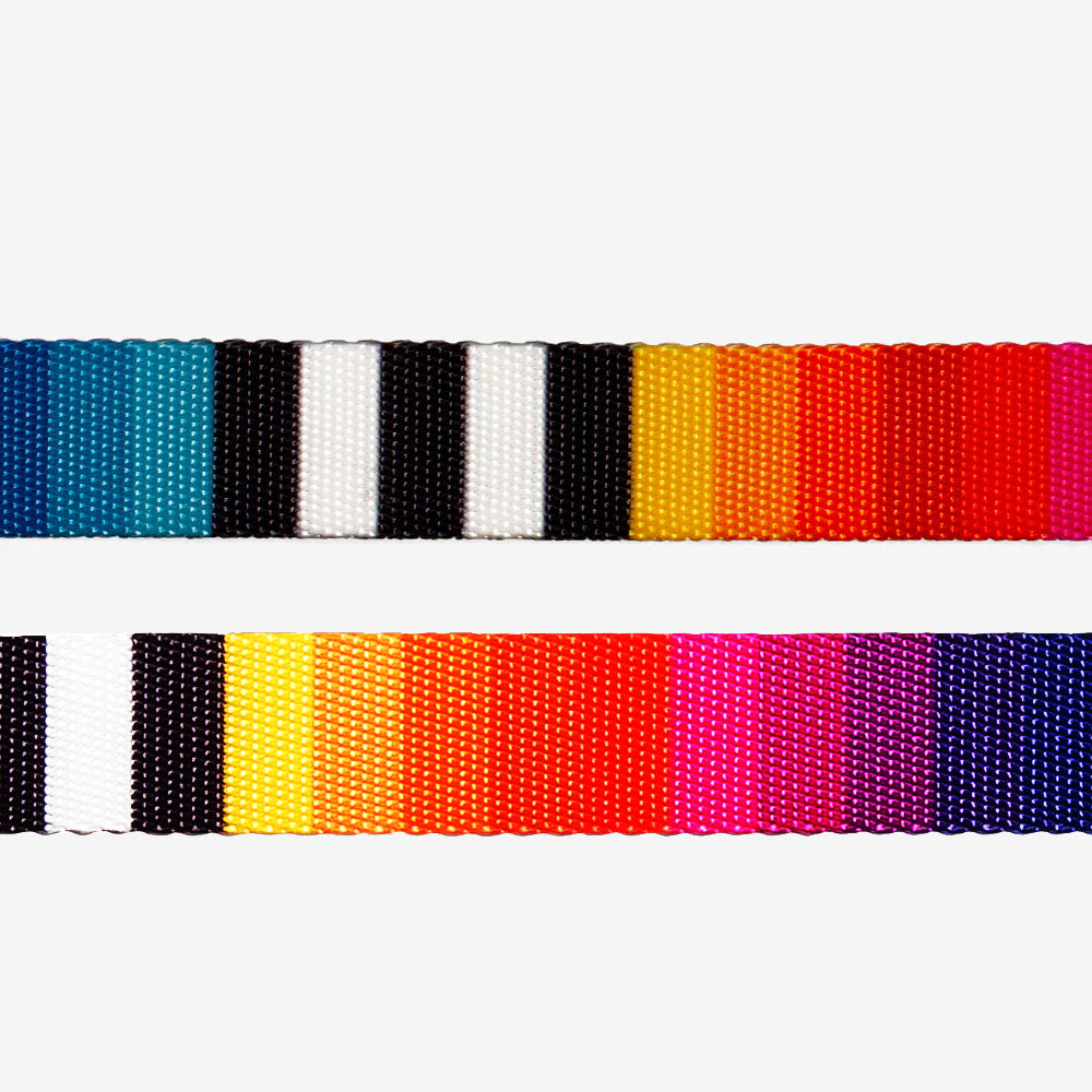 Two vibrant detailed shots of a dog leash side by side: the top in blue, black, and white; the bottom in a gradient of orange to purple shades.