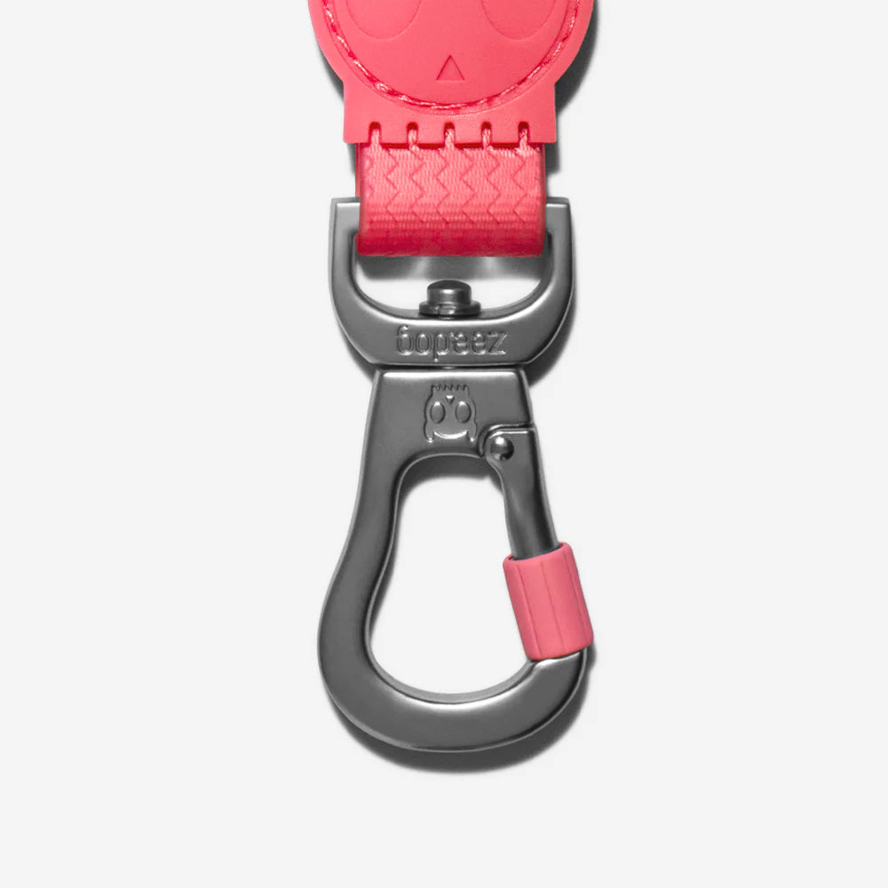 Close-up of a pink skull-themed strap attached to a silver metal clip, labeled "zee dog." The design is playful and colourful.