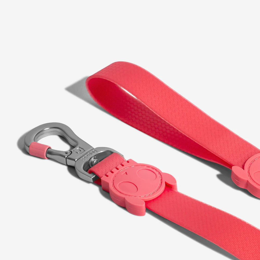 A bright pink dog leash featuring a cute smiley face attachment and a metal clip for secure fastening.