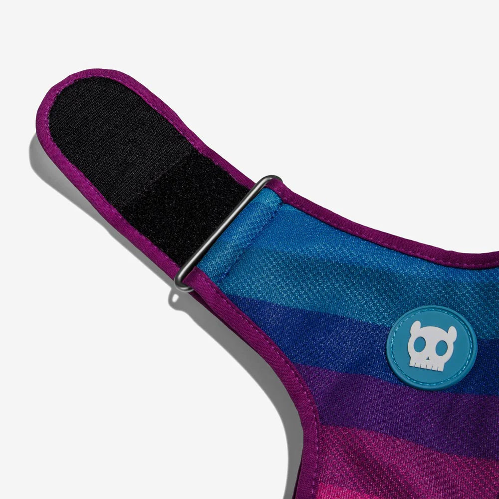 Close-up of a blue and purple sandal strap with velcro and a skull logo.