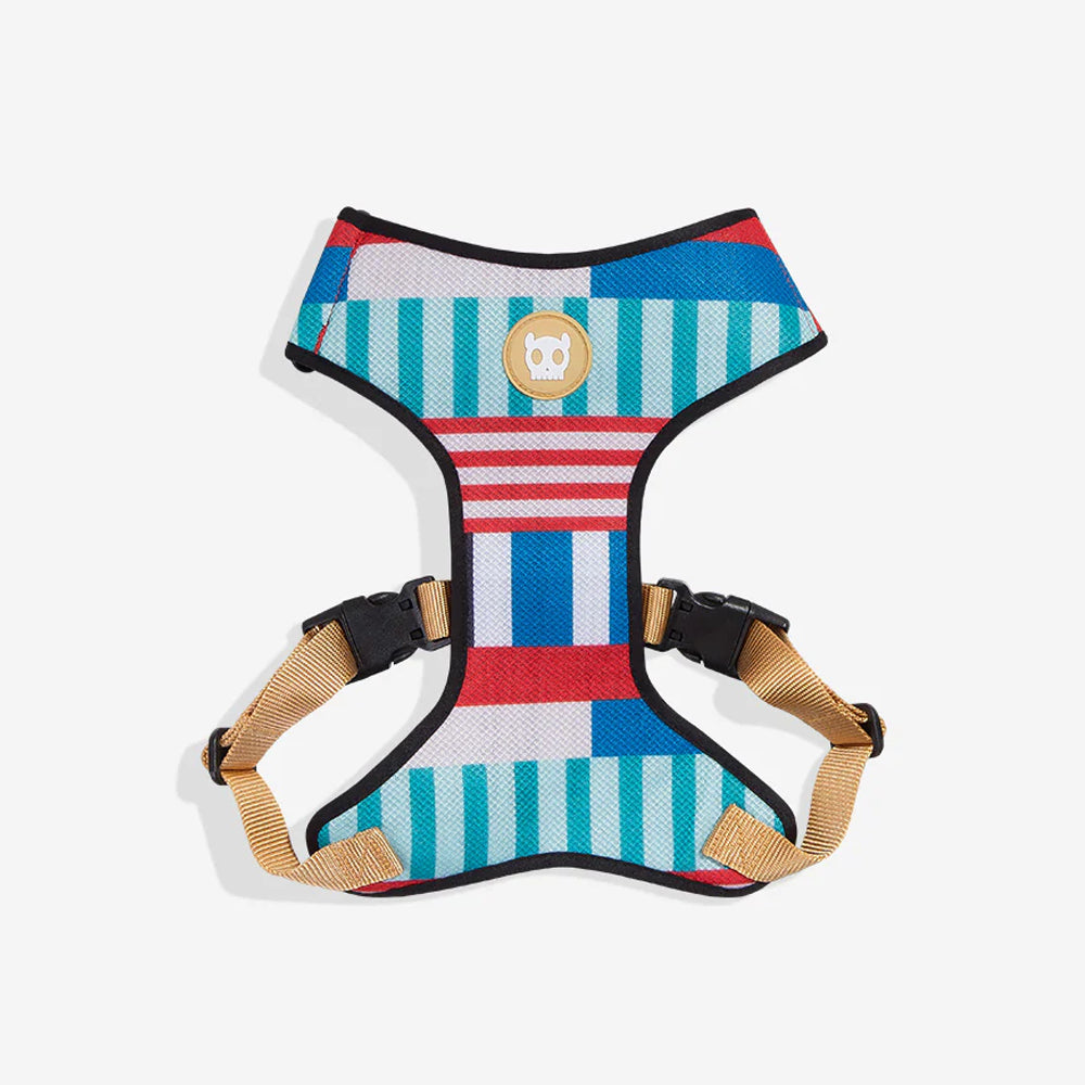 Colourful checkered and striped dog harness with front skull emblem and buckle straps.