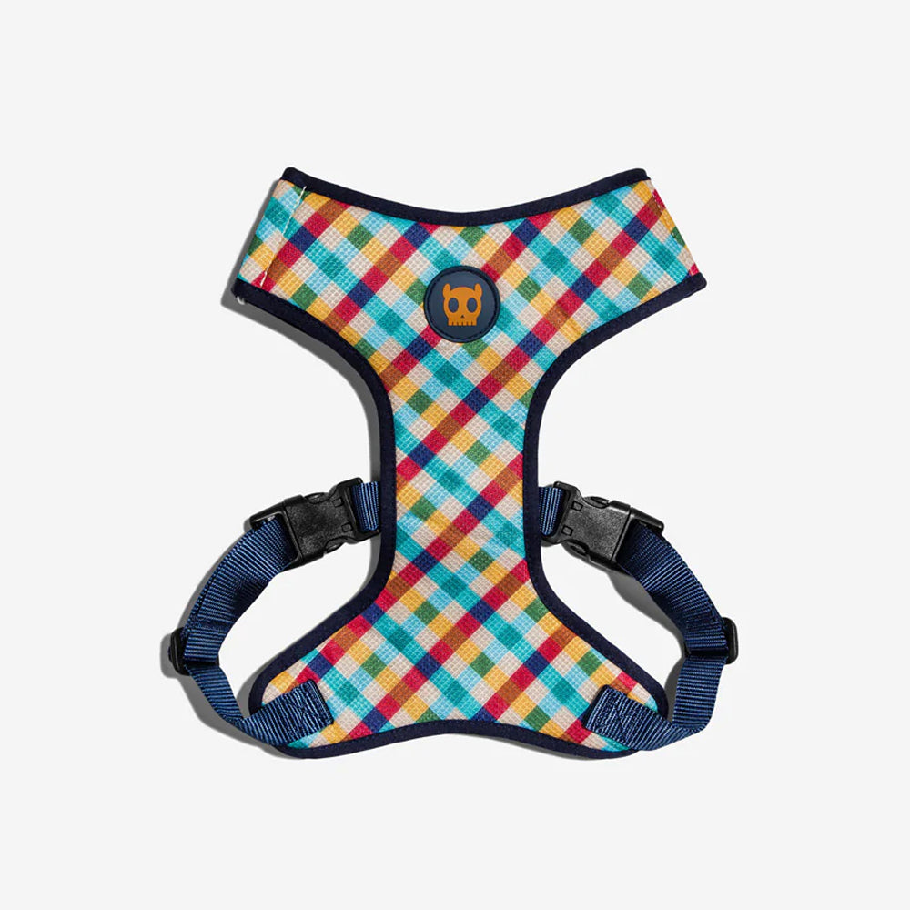 Colourful checkered dog harness with a skull logo on a white background.