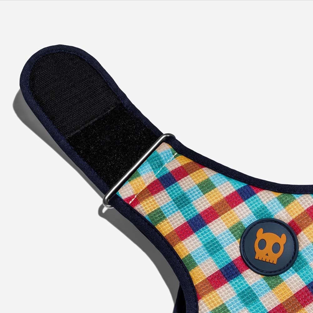 Colourful checkered strap with a black skull button and velcro attachment.