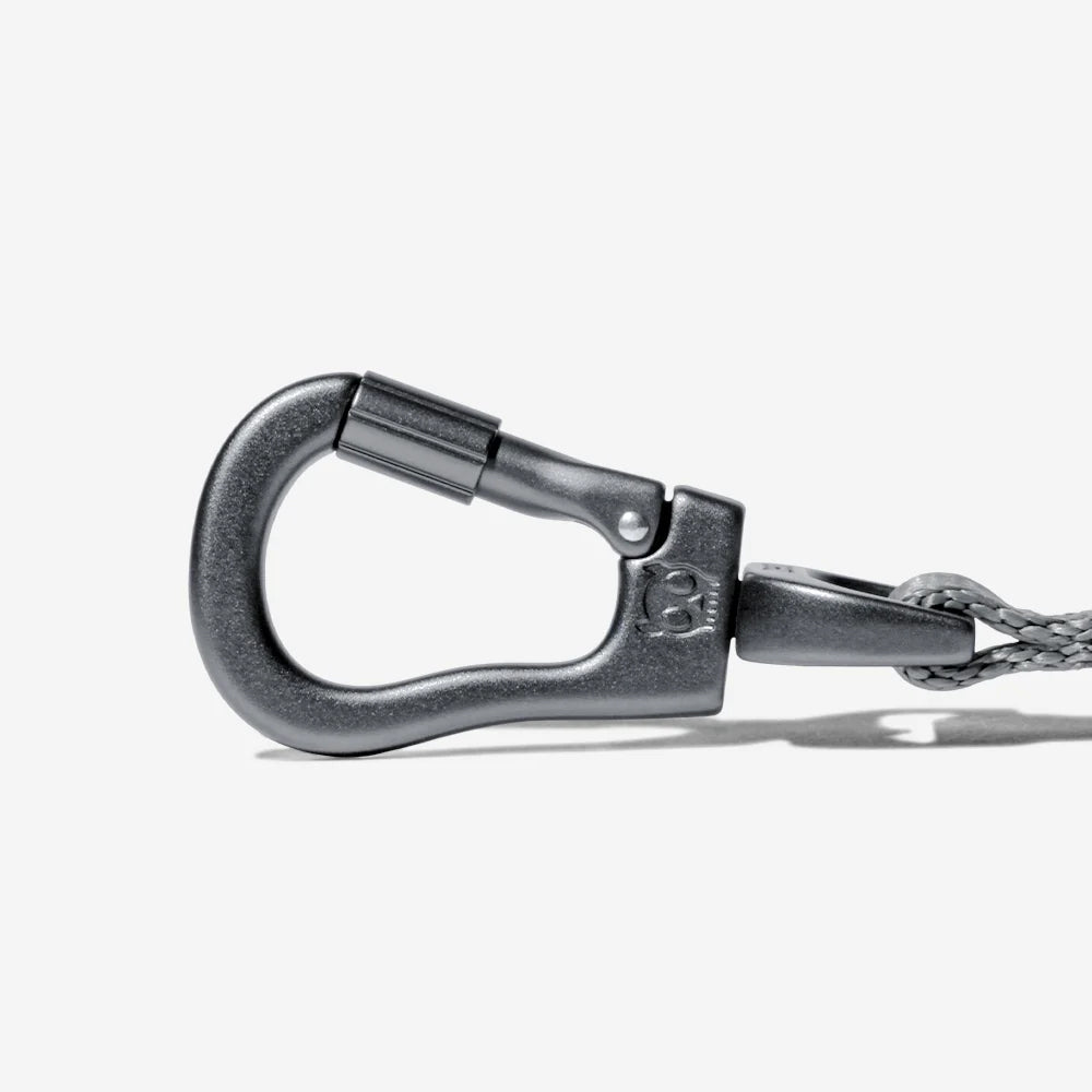Black carabiner clip attached to a braided metal loop against a white background.