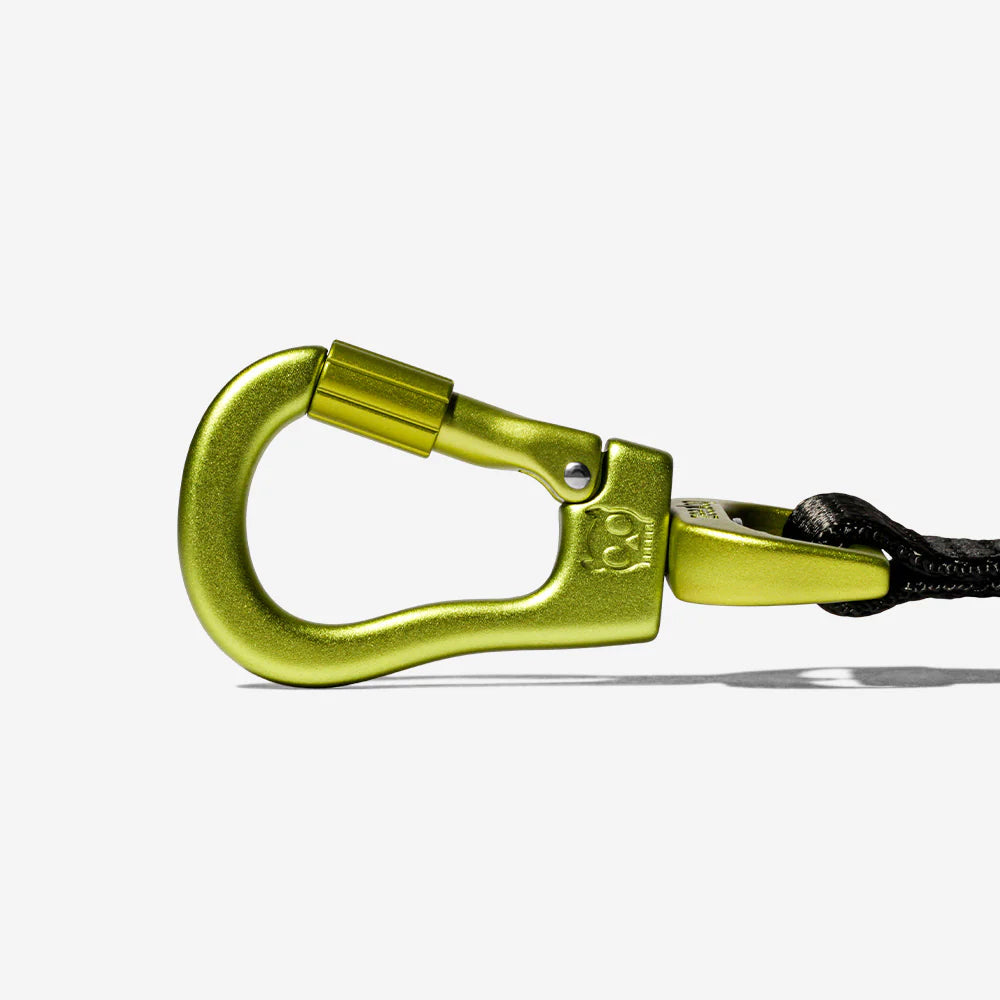 A green carabiner clip attached to a black strap against a white background.