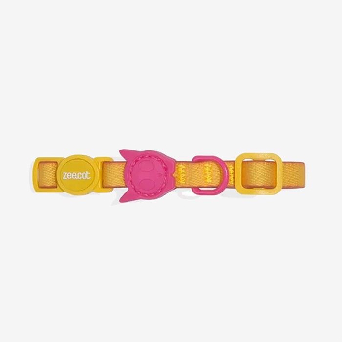 Bright yellow and pink cat collar with adjustable buckle and cute cat face design, ideal for pet identification and style.