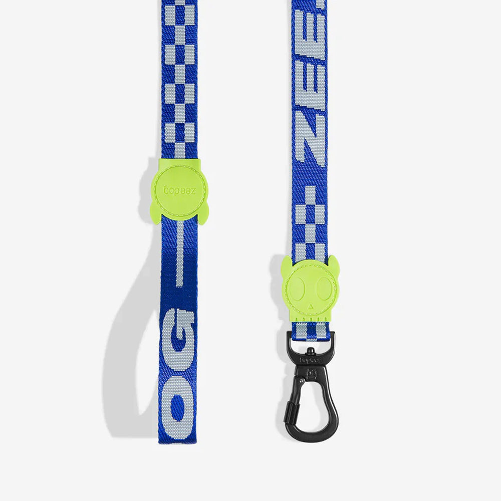 Blue and white checkered dog leash with two neon green skull motifs and a black hook.