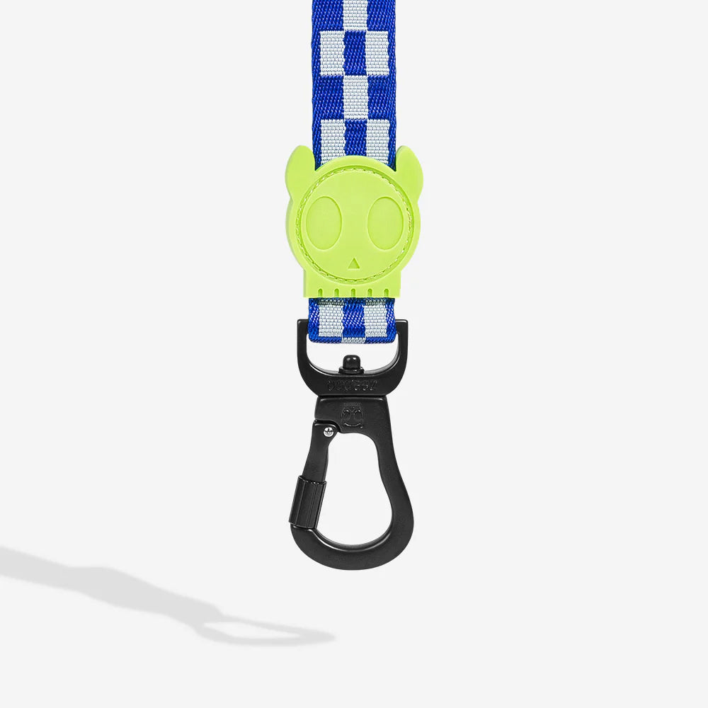 Blue and white checkered dog leash with neon green rubber skull motif and a black hook.