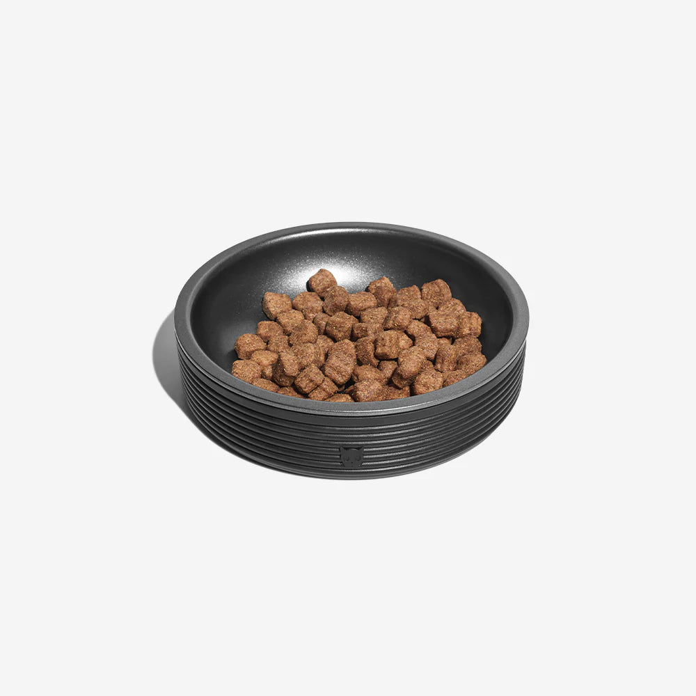 A black pet bowl filled with small, brown kibble rests on a white background, ready to be served to a pet.
