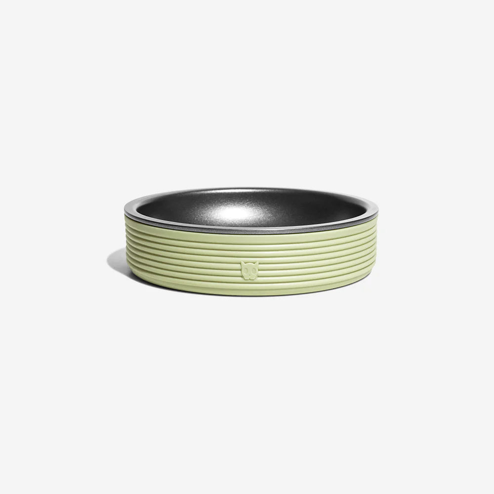 A stylish pet bowl featuring a textured lime green exterior and a sleek black interior. Ideal for food or water.