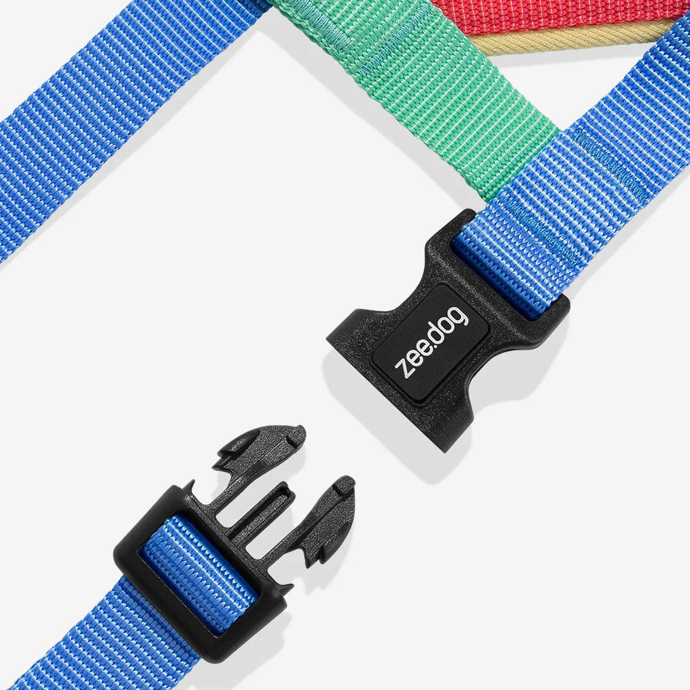 Close-up of colourful dog straps with a black buckle labeled 'zee.dog' on a white background.