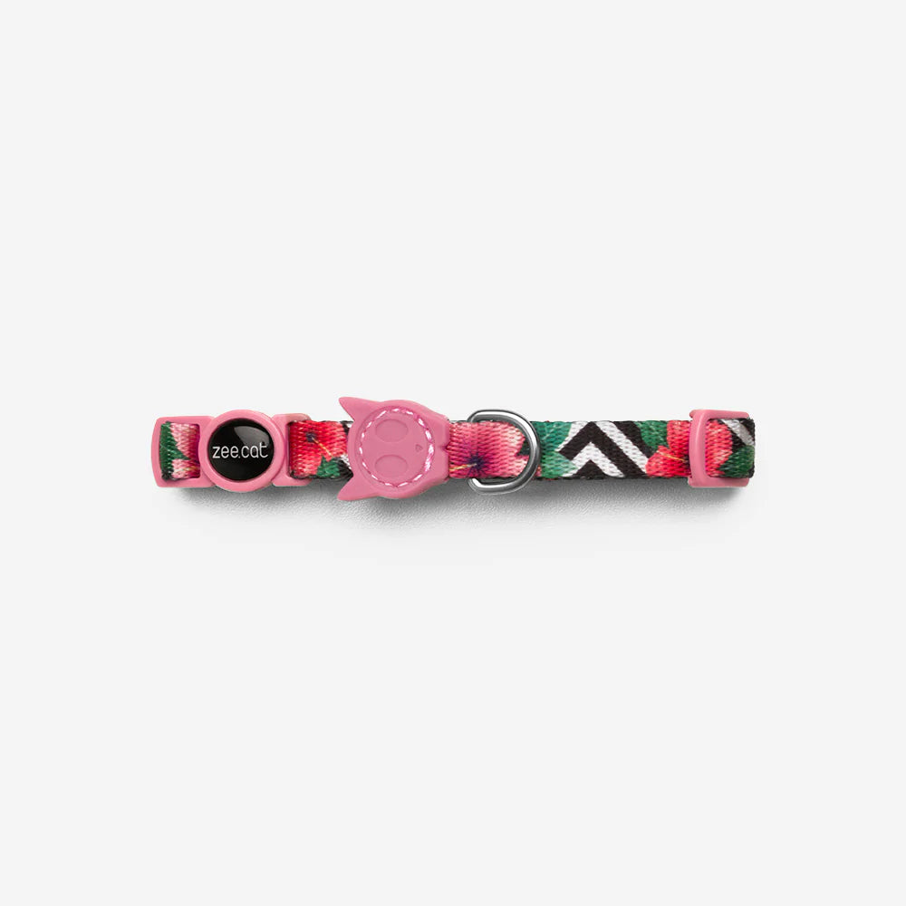 Colourful cat collar with pink accents, featuring a floral and chevron pattern, designed for added style and security.