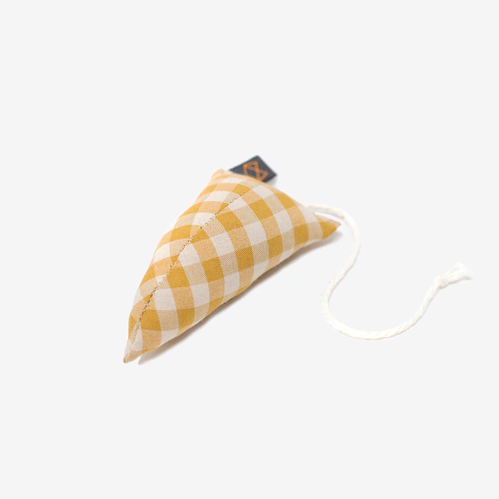 Yellow and white checkered fabric toy in a triangular shape with a string, designed for pet play and enjoyment.
