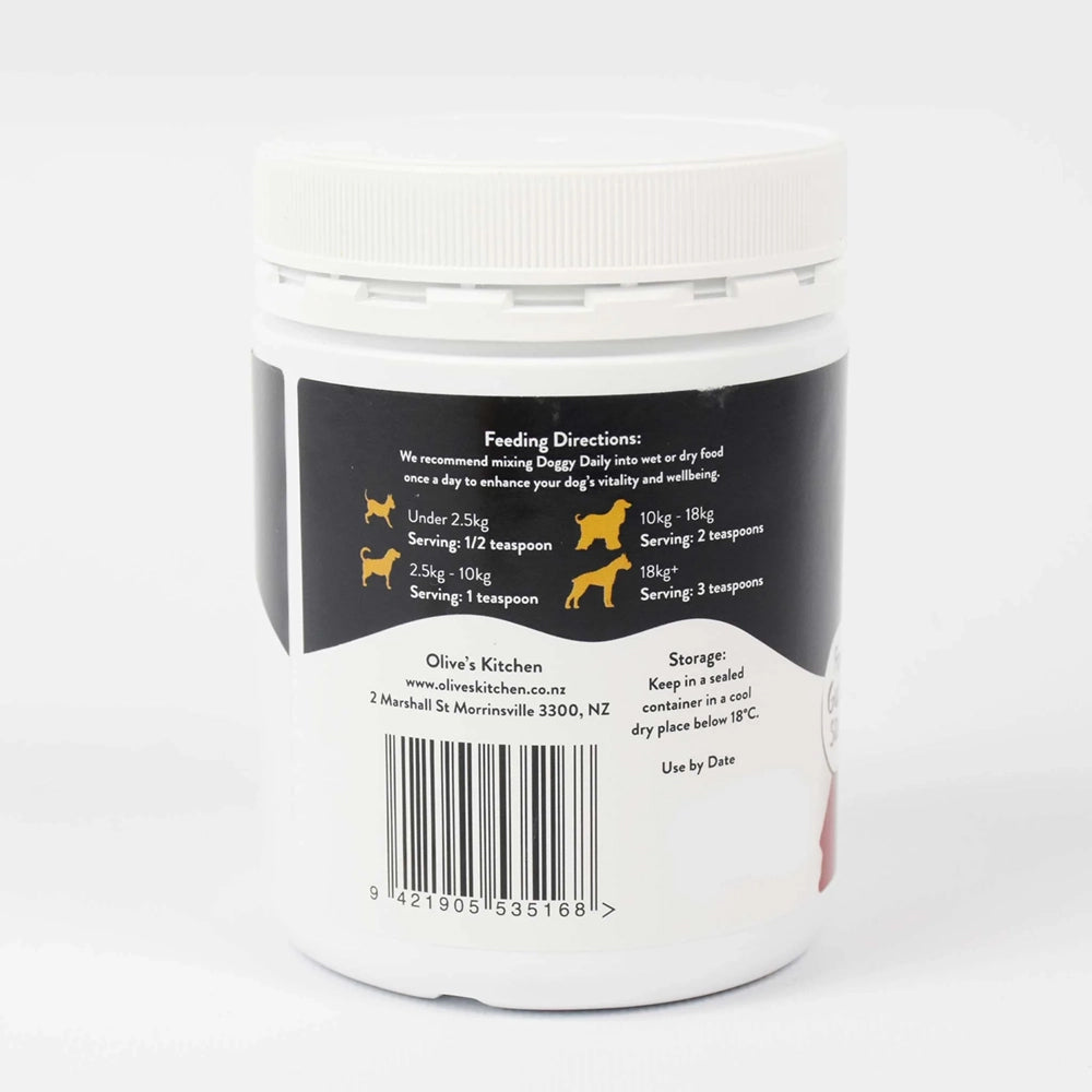 Container of Olive's Kitchen Doggy Daily, featuring feeding directions and storage instructions for enhancing dog vitality.